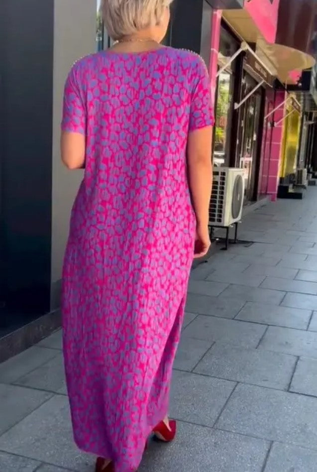 Diamond Neck Pink Purple Floral Print Dress