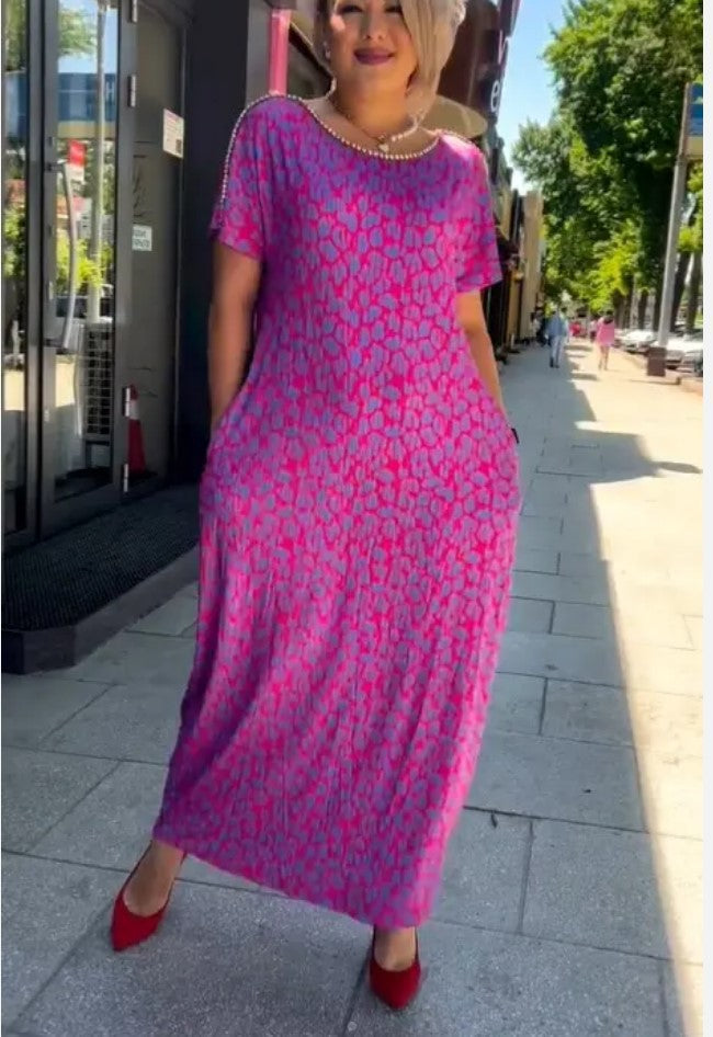 Diamond Neck Pink Purple Floral Print Dress