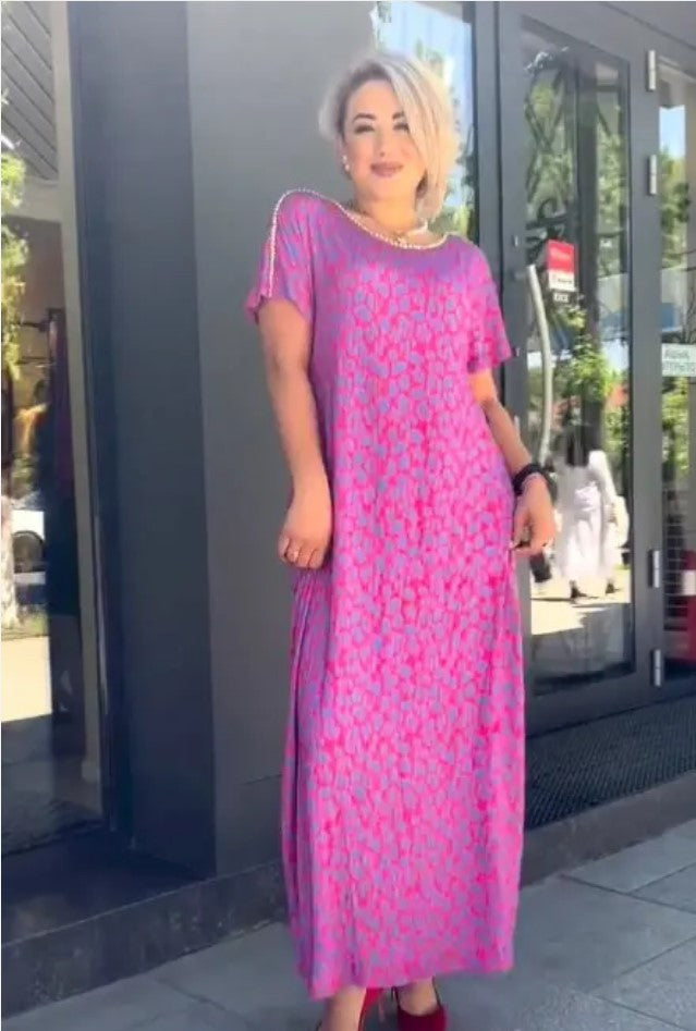 Diamond Neck Pink Purple Floral Print Dress