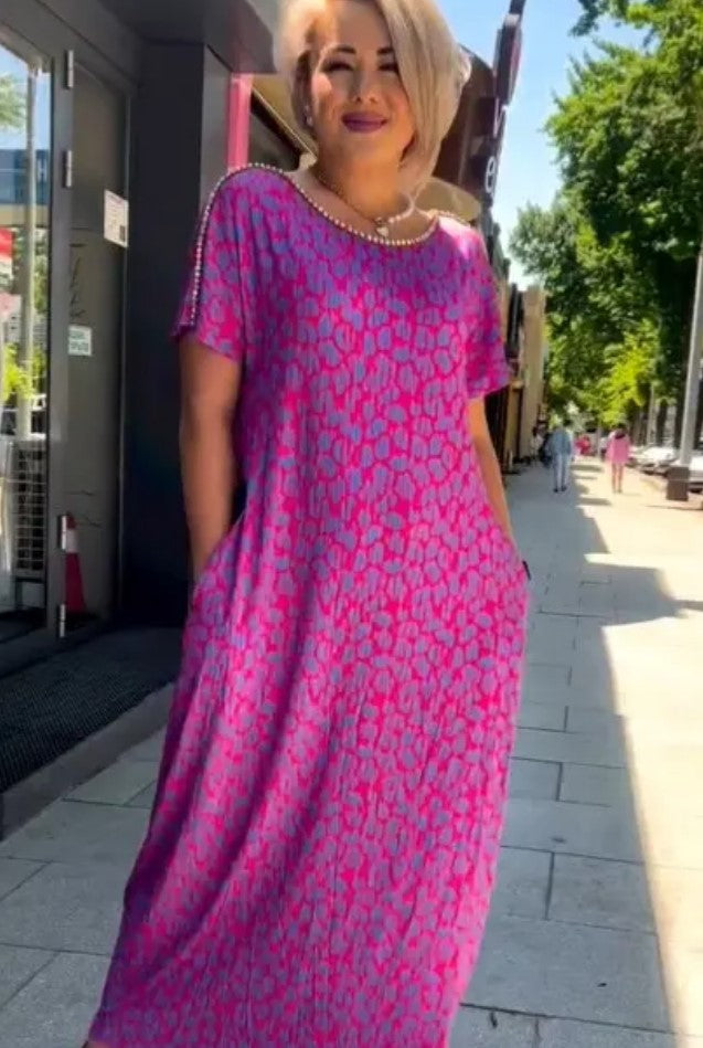 Diamond Neck Pink Purple Floral Print Dress