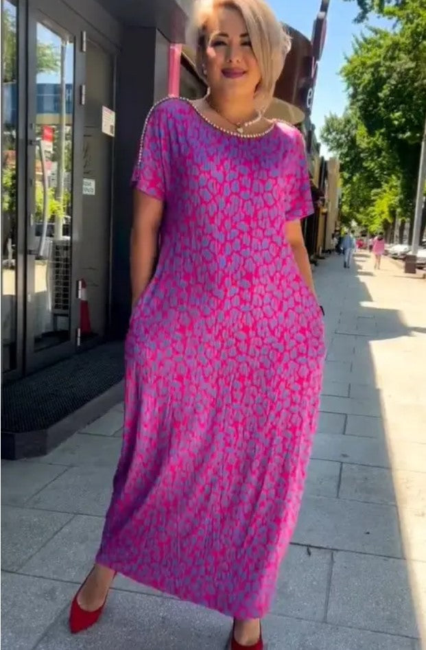 Diamond Neck Pink Purple Floral Print Dress