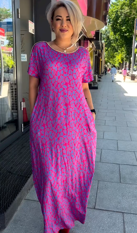 Diamond Neck Pink Purple Floral Print Dress