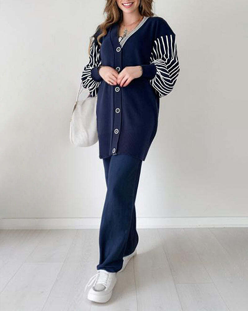 🌷Limited Time 50% OFF💞Balloon Sleeve Striped Knitwear Cardigan & Pants Two-piece Set