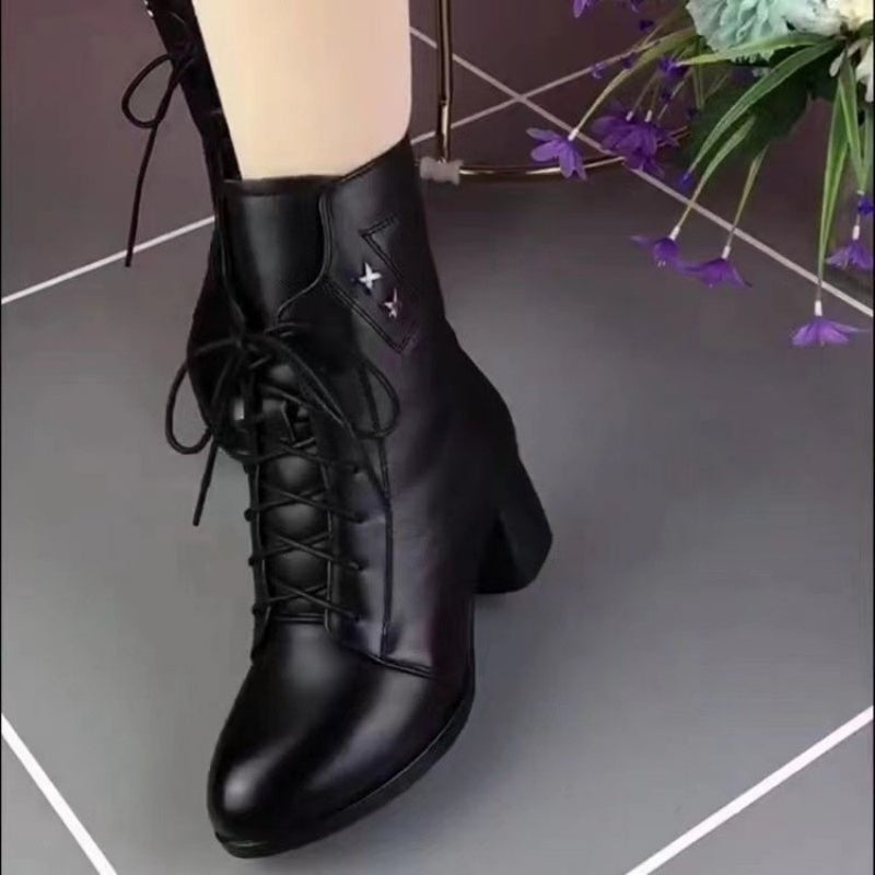 Retro Lace-up Side Zipper Chunky Heel Boots