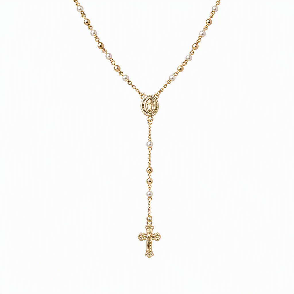 Retro Gold Tone Virgin Mary Crucifix Cross Pendant Necklace with Beaded Y-Chain
