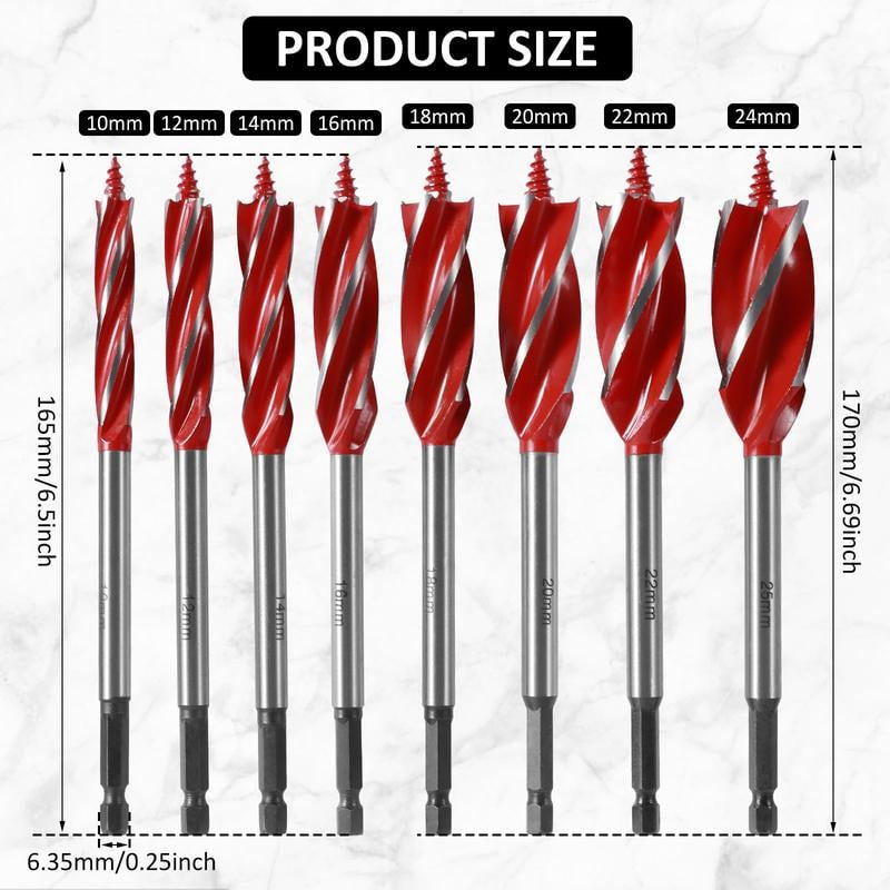 8PCS 4-Flute Auger Drill Bit Set for Woodworking