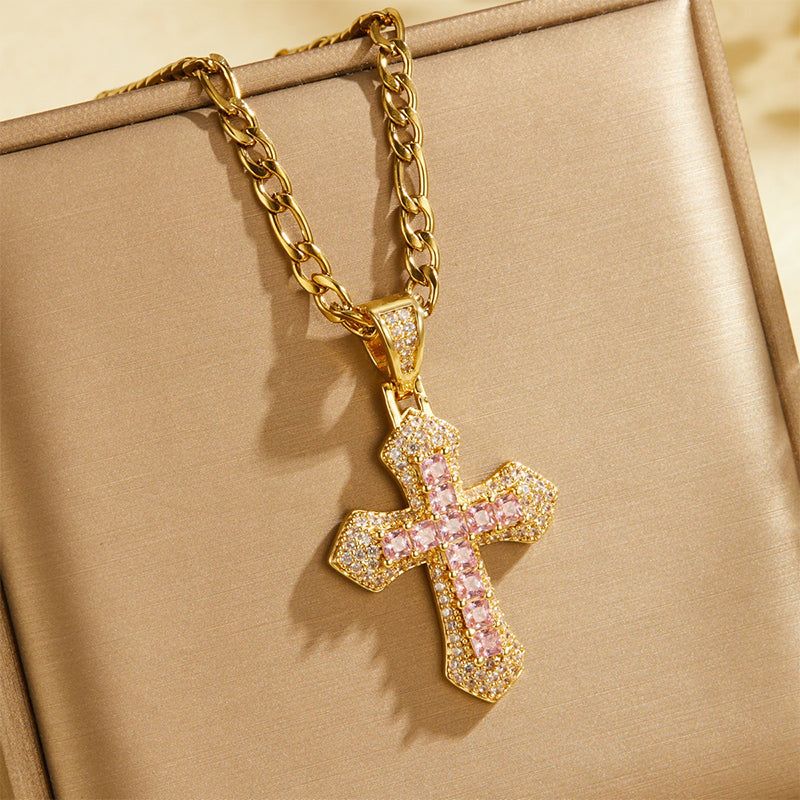 Hip Hop Double Layer Baguette Rhinestone Cross Brass with Figaro Chain