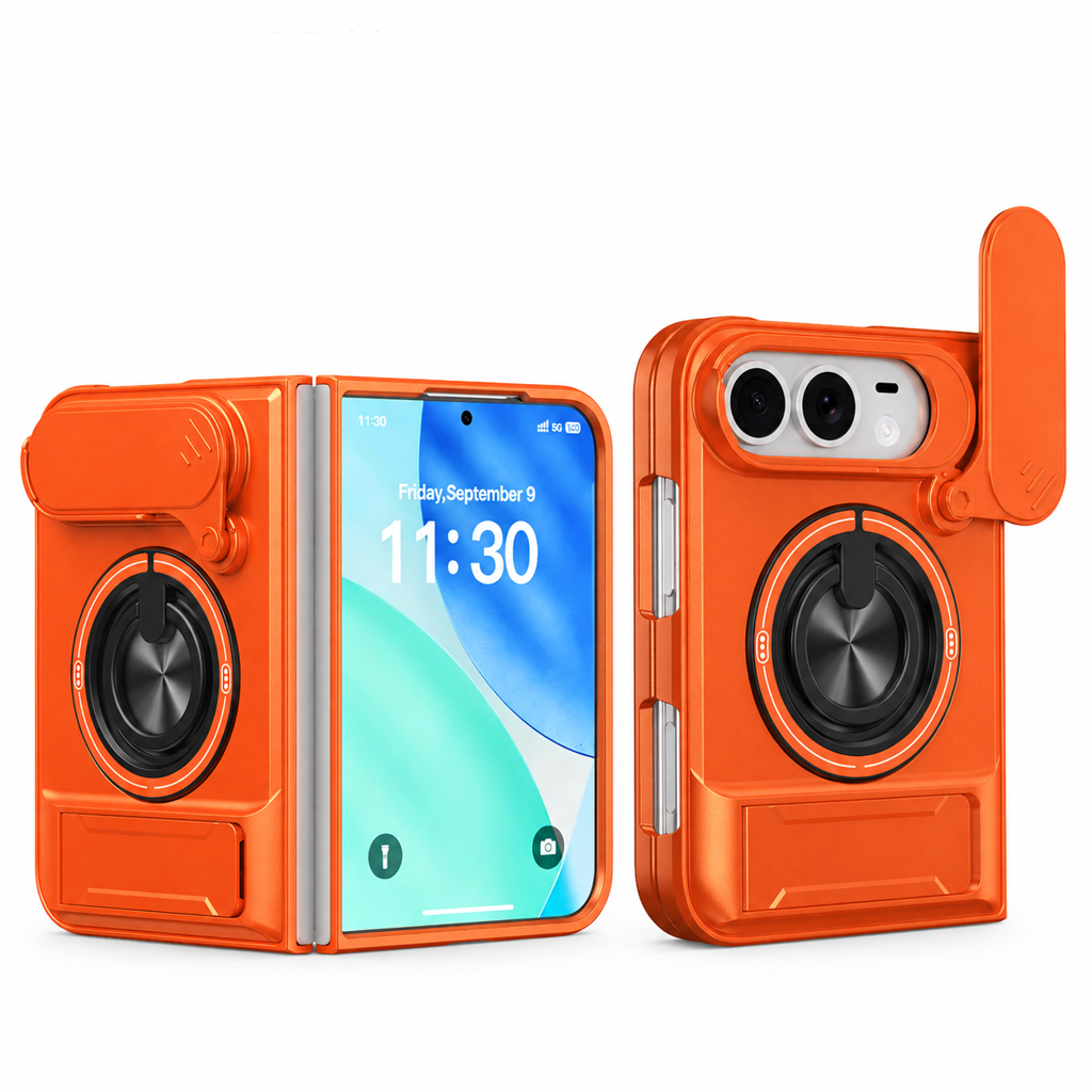 📱 Fold Case: Sliding Lens Cover, Dual Kickstand, Magnetic, Shockproof Armor