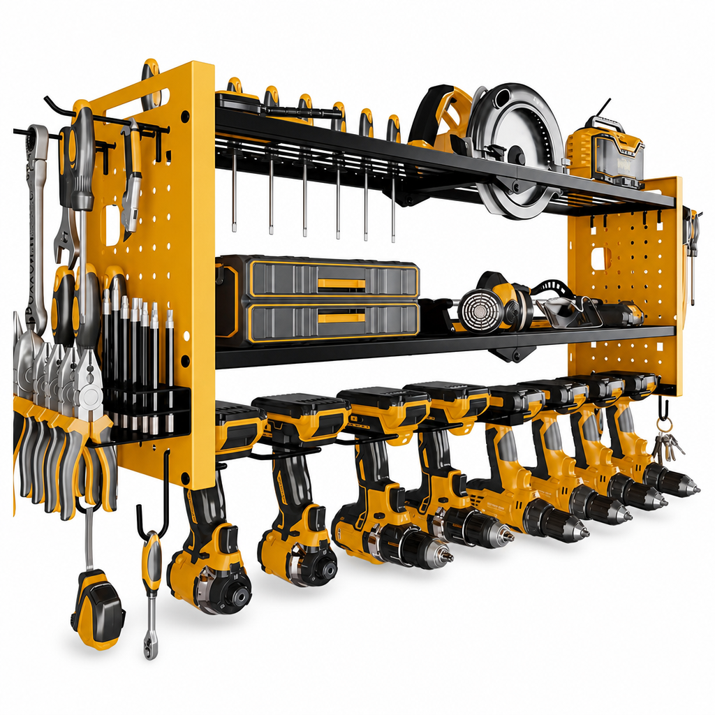 Wall Mounted Heavy Duty Iron Power Tool Organizer and Garage Drill Storage Rack
