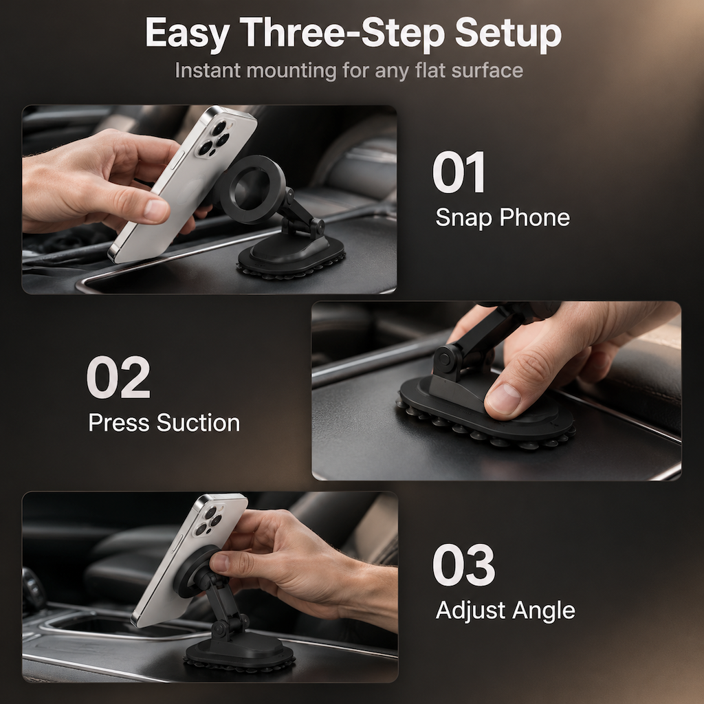 Multifunctional 3 in 1 Magnetic Phone Stand with Suction Cup and Carabiner Foldable Rotatable Mobile Phone Holder