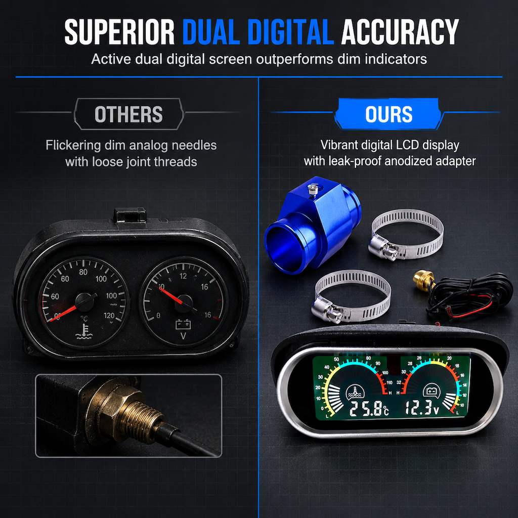 Universal 12V 24V Horizontal LCD Electronic Water Temperature and Voltage Gauge Set with 32mm Tee Joint Adapter
