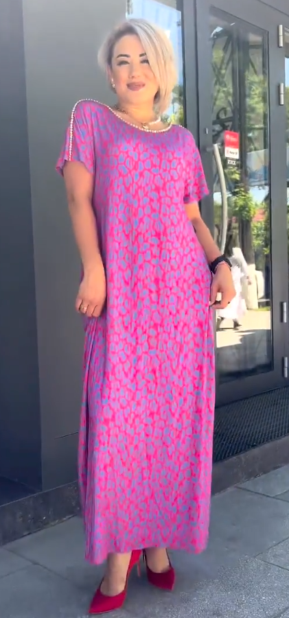 Diamond Neck Pink Purple Floral Print Dress