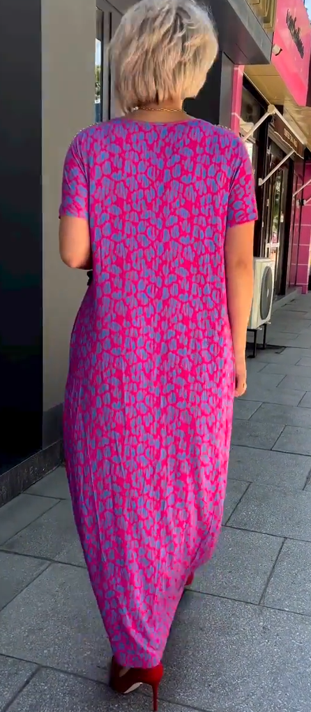 Diamond Neck Pink Purple Floral Print Dress
