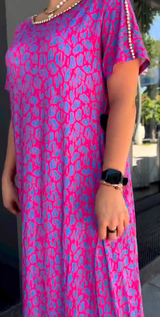 Diamond Neck Pink Purple Floral Print Dress
