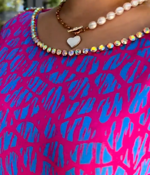 Diamond Neck Pink Purple Floral Print Dress