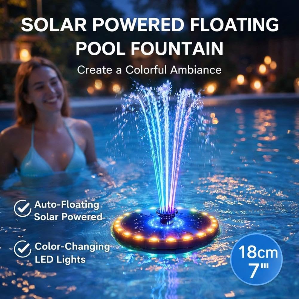 Solar Water Fountain, Solar Water Feature with Nighttime Illumination, Colorful LED Lights