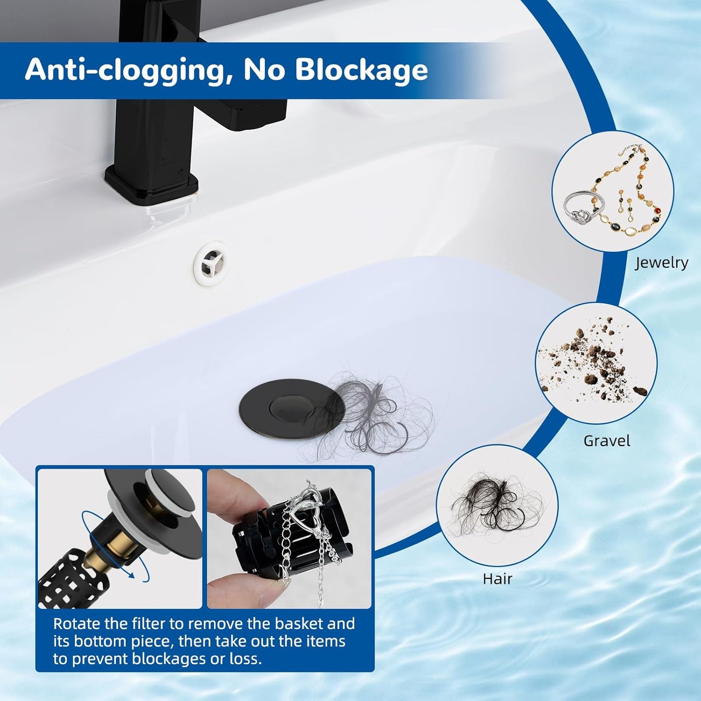 📢📢50% OFF !! ⏰Hibbent Upgraded 3-in-1 Sink Drain Filter, Universal Pop-Up Stopper, Removable Stainless Steel Basket-Shaped Hair Catcher, Sink Stopper for 2.8–5.9 cm, Brass Cartridge, Matte Black