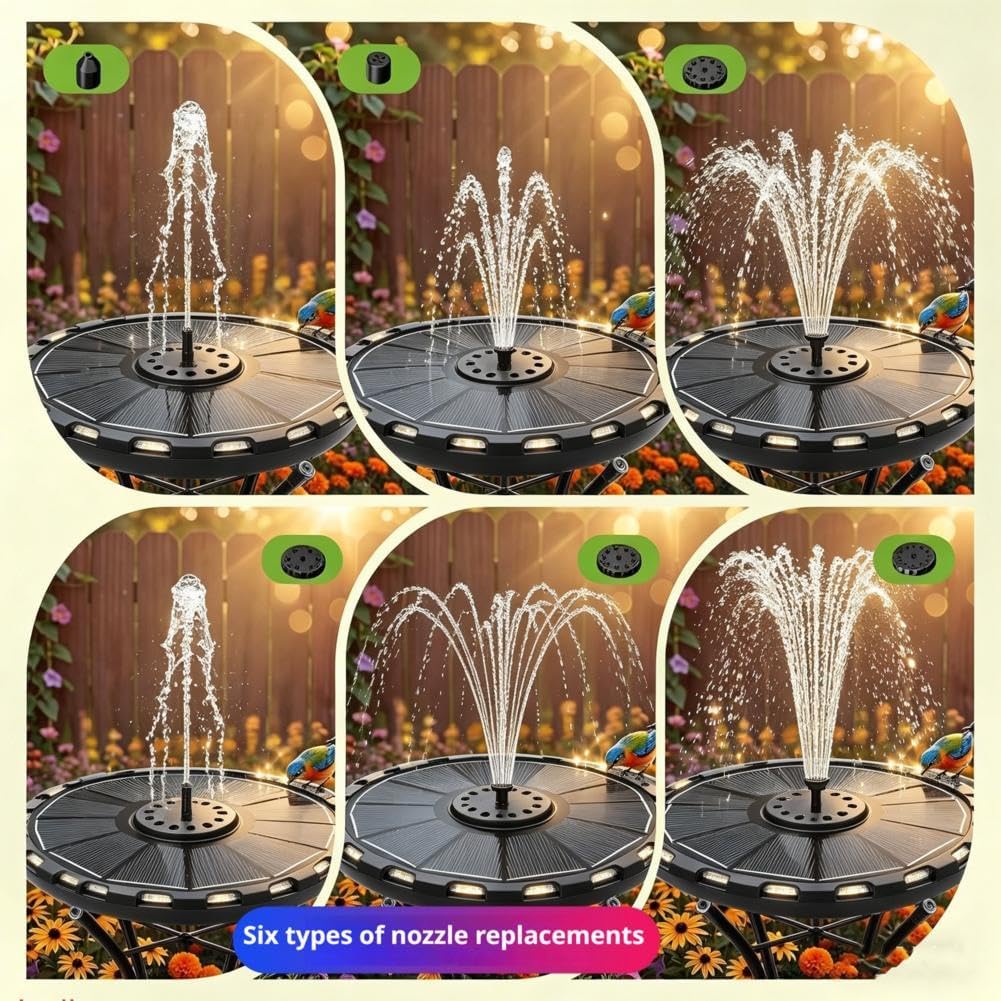 Solar Water Fountain, Solar Water Feature with Nighttime Illumination, Colorful LED Lights
