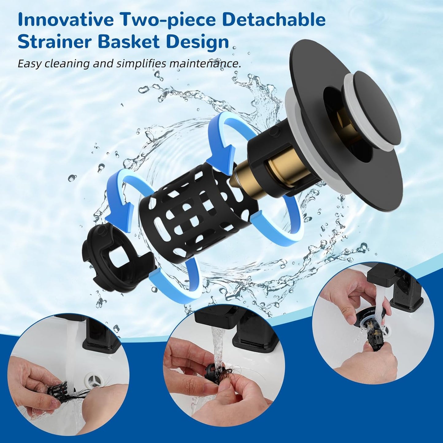 📢📢50% OFF !! ⏰Hibbent Upgraded 3-in-1 Sink Drain Filter, Universal Pop-Up Stopper, Removable Stainless Steel Basket-Shaped Hair Catcher, Sink Stopper for 2.8–5.9 cm, Brass Cartridge, Matte Black