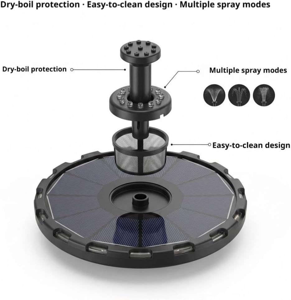 Solar Water Fountain, Solar Water Feature with Nighttime Illumination, Colorful LED Lights