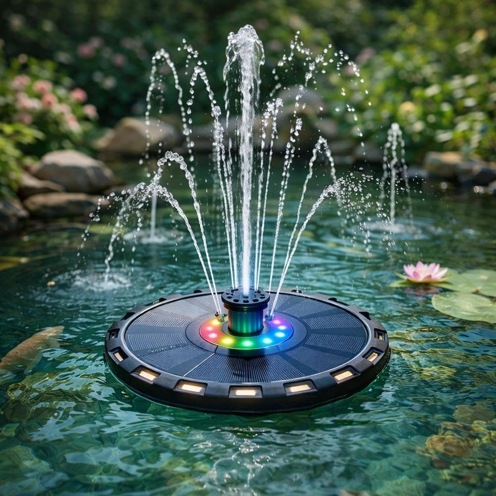 Solar Water Fountain, Solar Water Feature with Nighttime Illumination, Colorful LED Lights