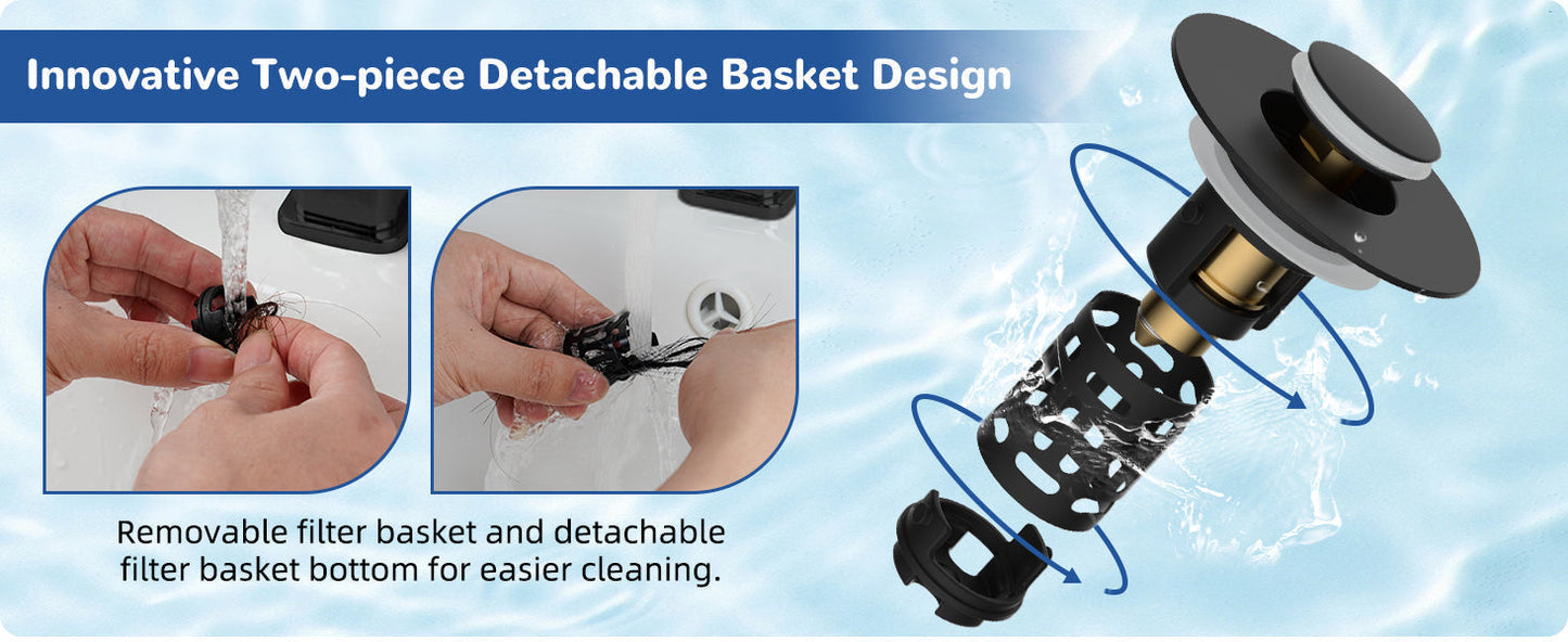 📢📢50% OFF !! ⏰Hibbent Upgraded 3-in-1 Sink Drain Filter, Universal Pop-Up Stopper, Removable Stainless Steel Basket-Shaped Hair Catcher, Sink Stopper for 2.8–5.9 cm, Brass Cartridge, Matte Black