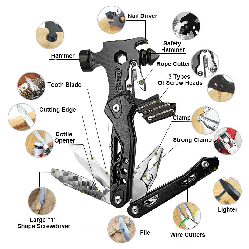 [Practical Gift] 15-in-1 Outdoor Portable Multifunctional Mini Safety Hammer