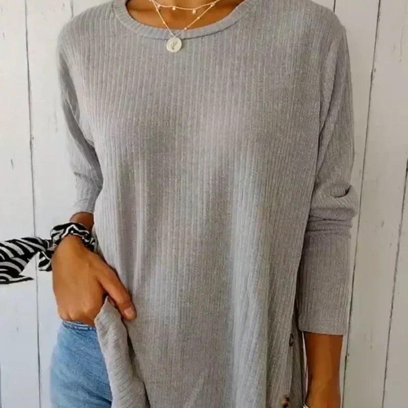 Women’s Casual Long Sleeve Solid Color Button T-Shirt