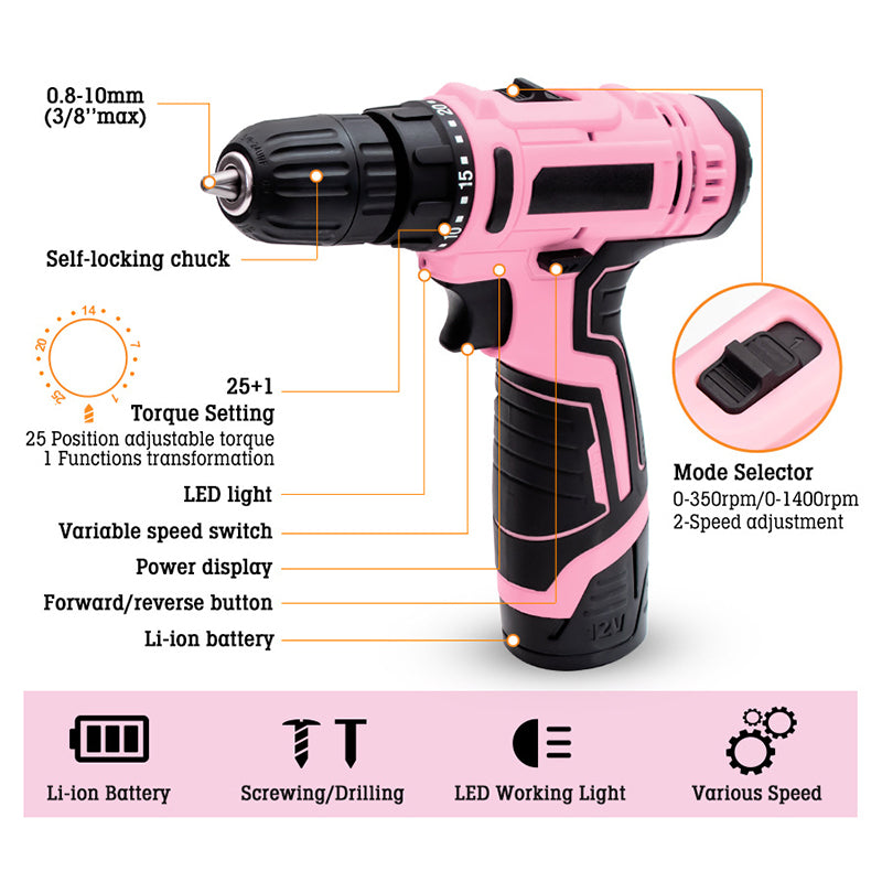 Pink Cordless Drill Driver Set with 25+1 Torque Settings