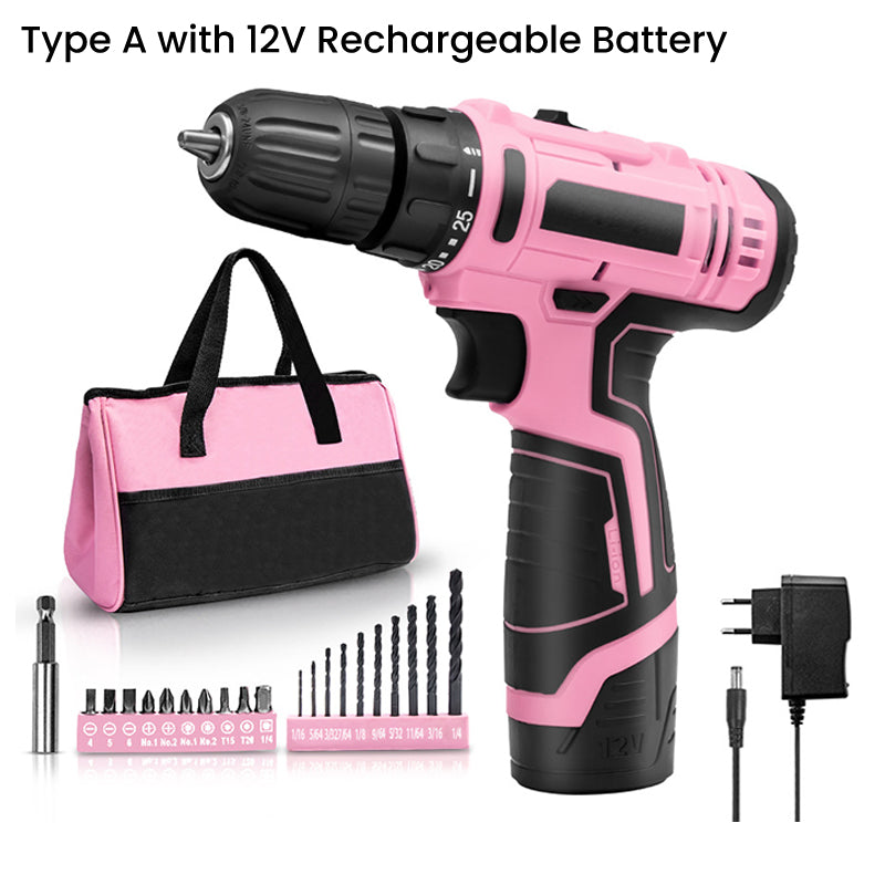 Pink Cordless Drill Driver Set with 25+1 Torque Settings