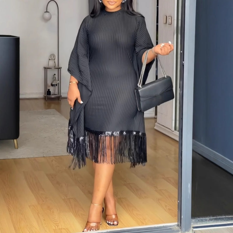 Women's Plus Size Sequin Fringe Midi Dress with Batwing Sleeves