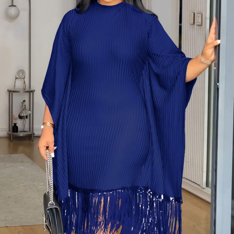 Women's Plus Size Sequin Fringe Midi Dress with Batwing Sleeves