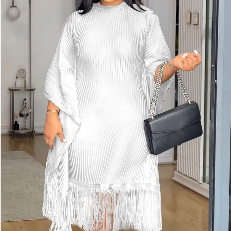 Women's Plus Size Sequin Fringe Midi Dress with Batwing Sleeves