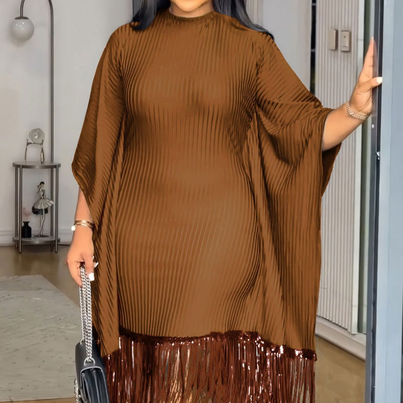 Women's Plus Size Sequin Fringe Midi Dress with Batwing Sleeves