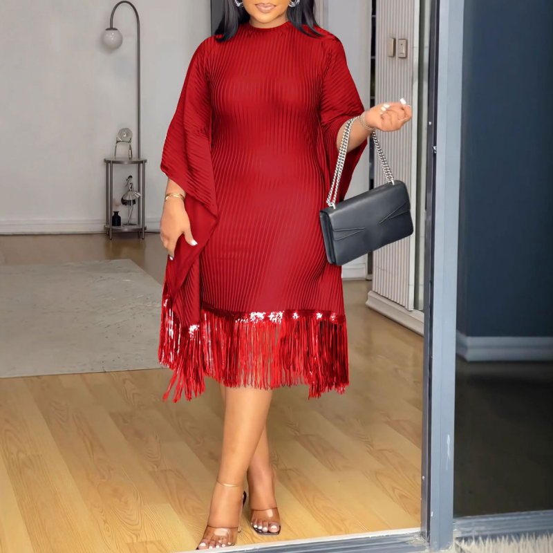 Women's Plus Size Sequin Fringe Midi Dress with Batwing Sleeves