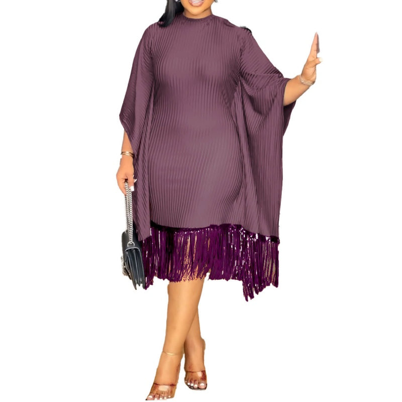 Women's Plus Size Sequin Fringe Midi Dress with Batwing Sleeves