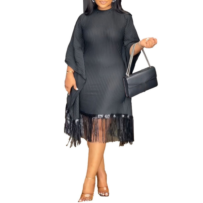 Women's Plus Size Sequin Fringe Midi Dress with Batwing Sleeves