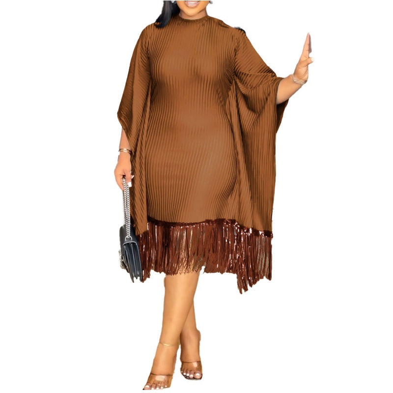 Women's Plus Size Sequin Fringe Midi Dress with Batwing Sleeves