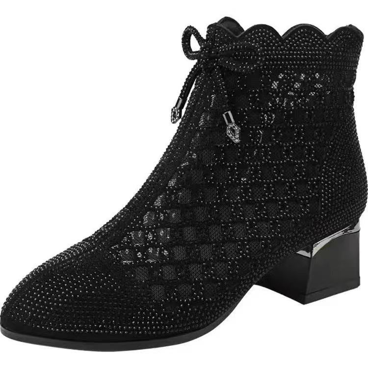 Women’s Hollow Mesh Beaded Chunky Heel Short Boots