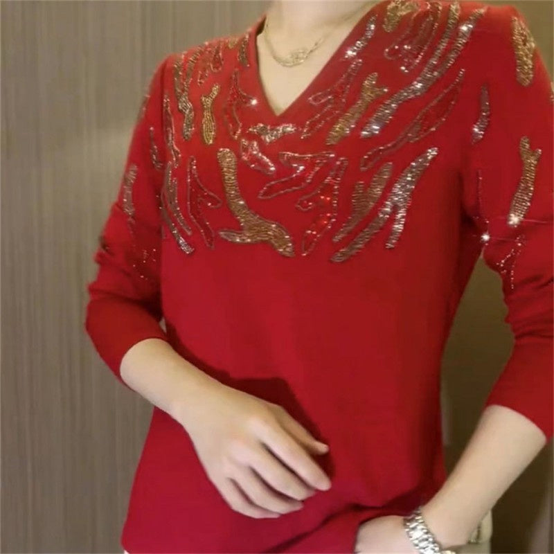 Sparkly V-Neck Knit Pullover for Women