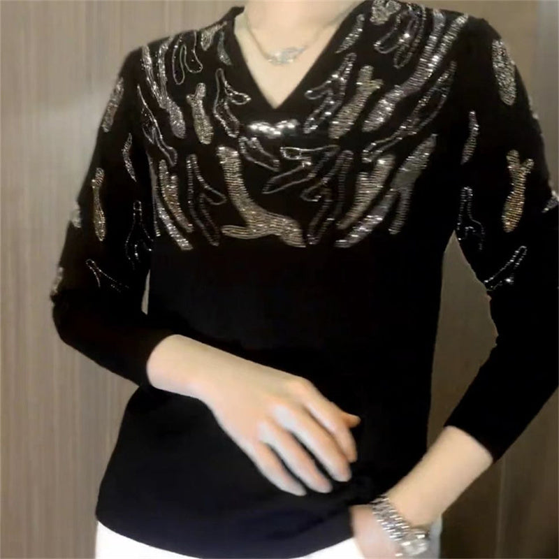 Sparkly V-Neck Knit Pullover for Women