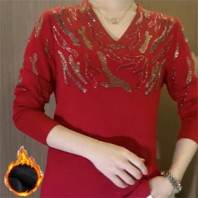 Sparkly V-Neck Knit Pullover for Women