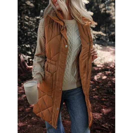 Women's Lapel Zipper Mid-Length Warm Vest Jacket