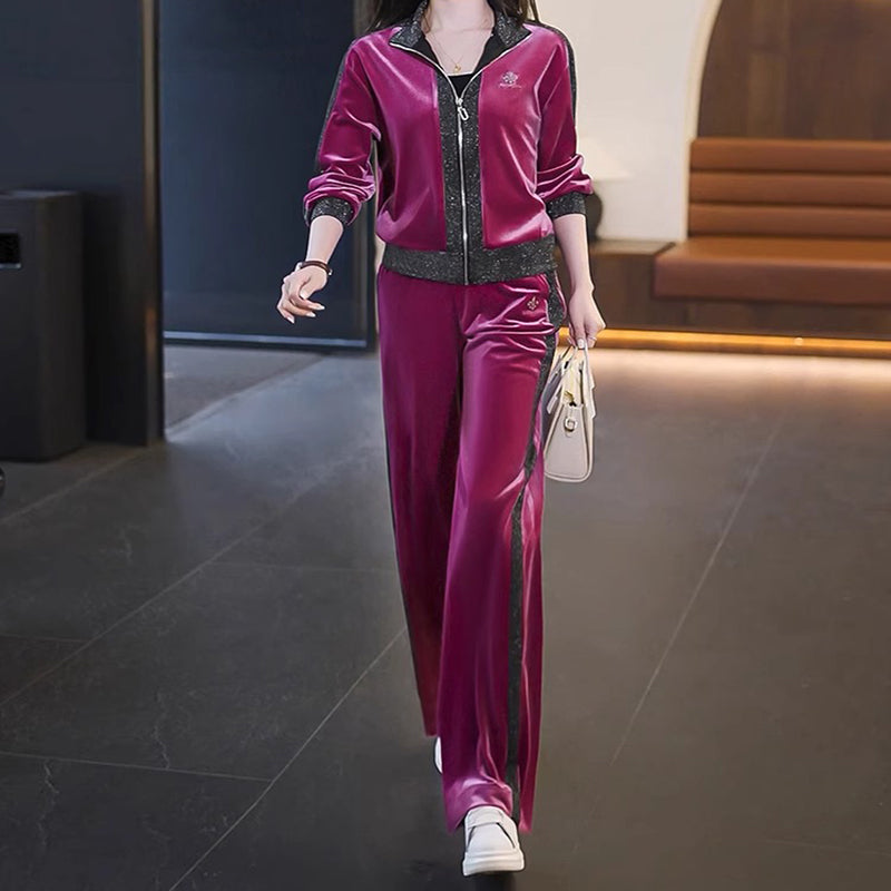 Women's Velvet-Like Contrast Color 2-PieceTracksuit