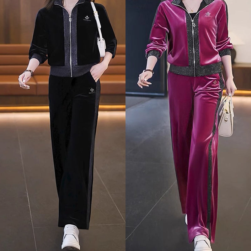 Women's Velvet-Like Contrast Color 2-PieceTracksuit