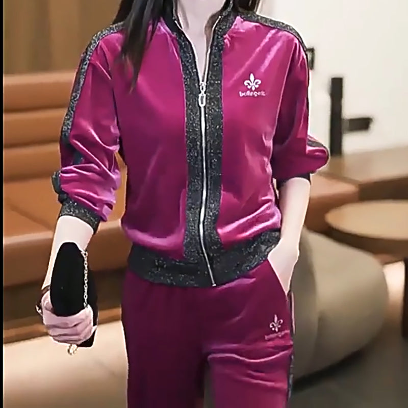 Women's Velvet-Like Contrast Color 2-PieceTracksuit