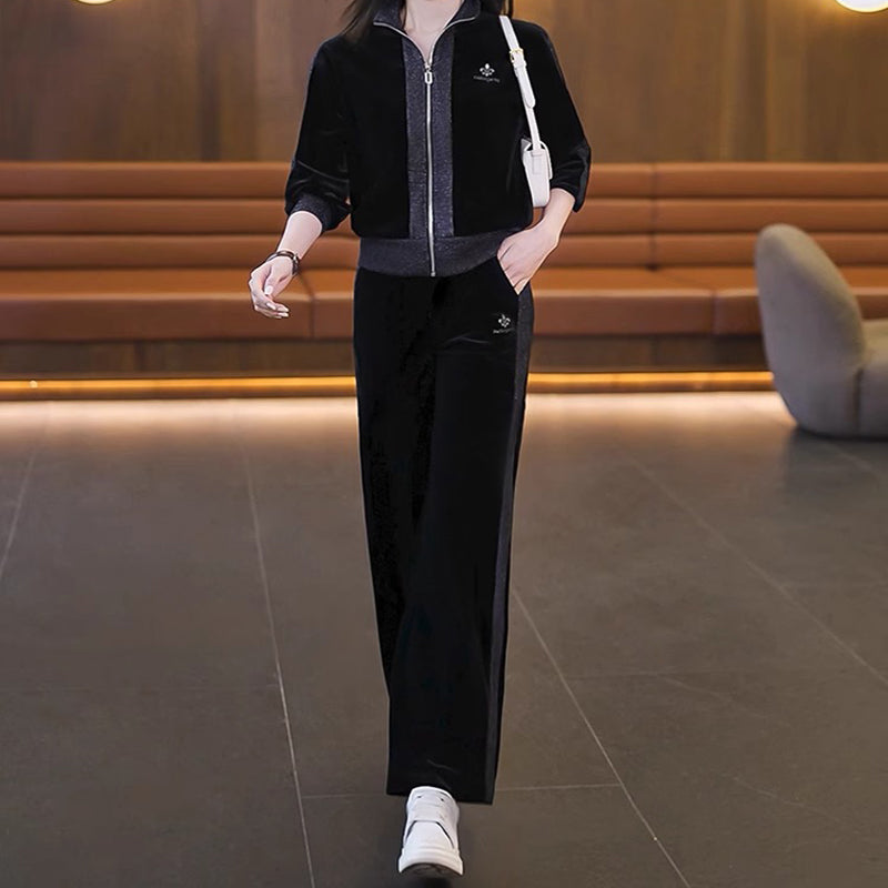 Women's Velvet-Like Contrast Color 2-PieceTracksuit