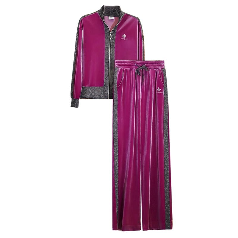 Women's Velvet-Like Contrast Color 2-PieceTracksuit