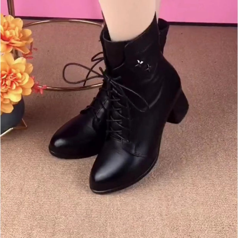 Retro Lace-up Side Zipper Chunky Heel Boots