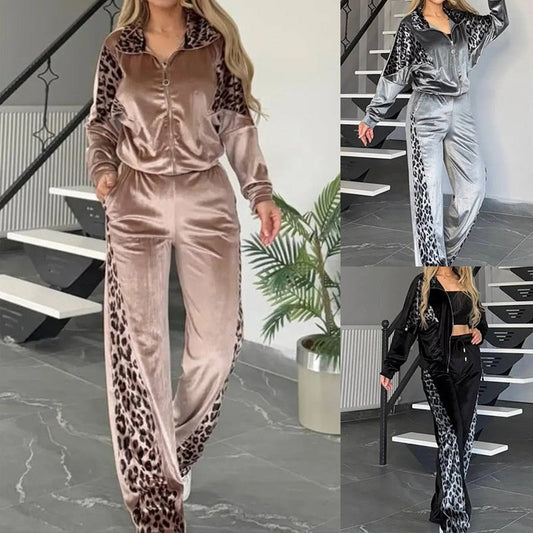 Women's Fashion Leopard Print Zipper Top＆Drawstring Pants 2-Piece Set